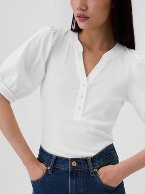 Gap White Puff Sleeve Henley Top Medium